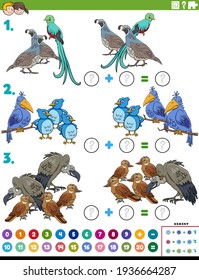 Cartoon illustration of educational mathematical addition puzzle task with funny birds animal characters
