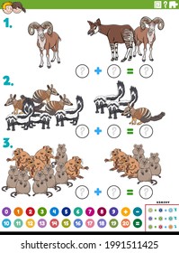 Cartoon illustration of educational mathematical addition puzzle task with wild animal characters