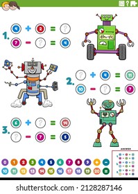 Cartoon Illustration Of Educational Mathematical Addition And Subtraction Puzzle Task With Comic Robot Characters