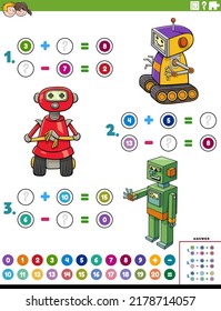 Cartoon Illustration Of Educational Mathematical Addition And Subtraction Puzzle Task With Comic Robot Characters