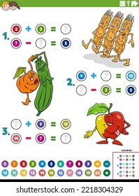 Cartoon Illustration Of Educational Mathematical Addition And Subtraction Puzzle With Comic Fruit And Vegetables Characters