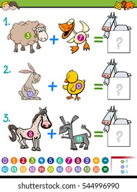 Cartoon Illustration of Educational Mathematical Addition Activity for Children with Farm Animal Characters