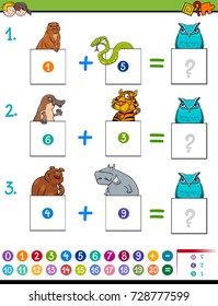 Cartoon Illustration of Educational Mathematical Addition Puzzle Game for Children with Animal Characters