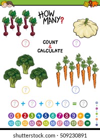 Cartoon Illustration of Educational Mathematical Algebra Counting and Addition Activity for Children