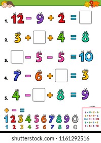 Cartoon Illustration of Educational Mathematical Calculation Worksheet for Children