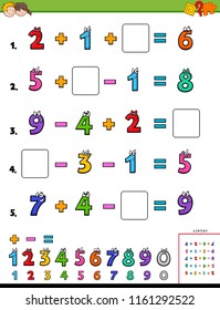 Cartoon Illustration of Educational Mathematical Calculation Puzzle Workbook for Children
