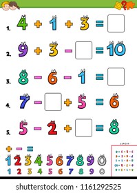 Cartoon Illustration of Educational Mathematical Calculation Workbook for Children