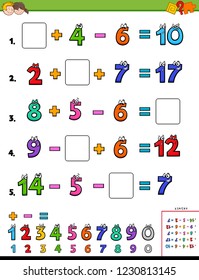 Cartoon Illustration of Educational Mathematical Calculation Worksheet for Children