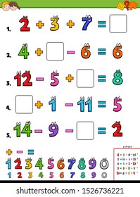 Cartoon Illustration of Educational Mathematical Calculation Worksheet for Children