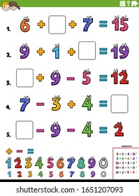 Cartoon Illustration of Educational Mathematical Calculation Worksheet for Elementary School Children