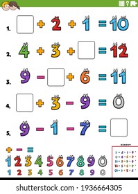 Cartoon illustration of educational mathematical calculation worksheet for elementary school children