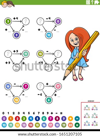 Cartoon Illustration of Educational Mathematical Calculation Diagram Task for Children with Elementary Age Girl Worksheet Page