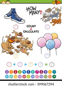 Cartoon Illustration of Educational Mathematical Count and Addition Activity for Preschool Children