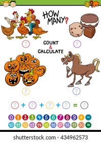Cartoon Illustration of Educational Mathematical Count and Addition Activity Task for Preschool Children