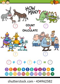 Cartoon Illustration of Educational Mathematical Count and Addition Activity Game for Preschool Children
