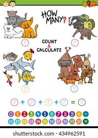 Cartoon Illustration of Educational Mathematical Count and Calculate Activity for Preschool Children