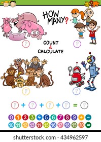 Cartoon Illustration of Educational Mathematical Count and Calculate Activity Game for Preschool Children