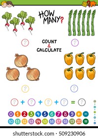 Cartoon Illustration of Educational Mathematical Count and Addition Activity for Preschool Children