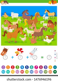 Cartoon Illustration of Educational Mathematical Counting and Addition Game for Children with Funny Farm Animal Characters