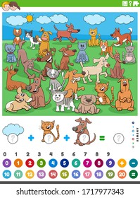 Cartoon Illustration of Educational Mathematical Counting and Addition Game for Children with Pets Animal Characters