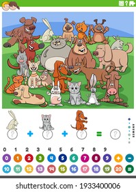 Cartoon illustration of educational mathematical counting and addition game for children with dogs, cats and rabbits