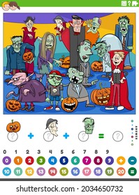 Cartoon illustration of educational mathematical counting and addition game for children with scary Halloween characters