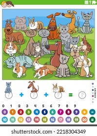 Ilustración de caricatura de la tarea educativa matemática de contar y añadir para niños con perros, gatos y conejos