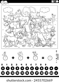 Ilustración de dibujos animados de la actividad educativa matemática de conteo y adición para niños con animales de granja para colorear página