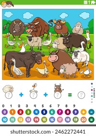 Cartoon illustration of educational mathematical counting and addition activity for children with farm animals