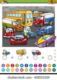 Cartoon Illustration of Educational Mathematical Counting and Addition Activity Task for Children with Cars