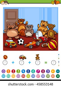 Cartoon Illustration of Educational Mathematical Counting and Addition Activity Task for Children with Toys