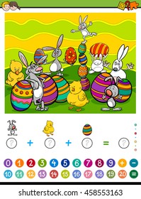 Cartoon Illustration of Educational Mathematical Counting and Addition Activity Task for Children with Easter Characters