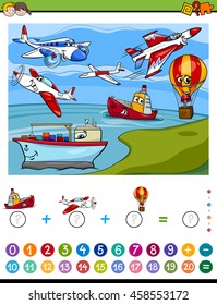 Cartoon Illustration of Educational Mathematical Counting and Addition Activity Task for Children with Planes and Ships