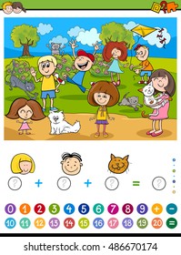 Cartoon Illustration of Educational Mathematical Counting and Addition Activity Task for Children with Kids and Cats