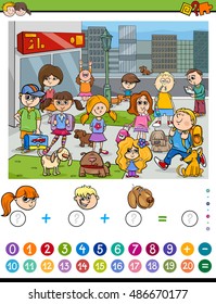 Cartoon Illustration of Educational Mathematical Counting and Addition Activity Task for Children with Kids and Dogs in the City