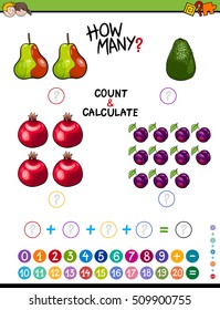 Cartoon Illustration of Educational Mathematical Counting and Addition Task for Children