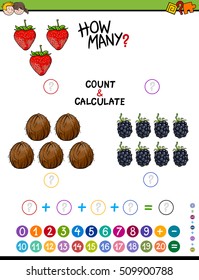 Cartoon Illustration of Educational Mathematical Counting and Addition Activity for Children