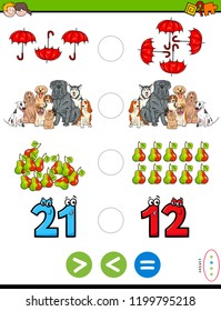 Cartoon Illustration of Educational Mathematical Puzzle Game of Greater Than, Less Than or Equal to for Kids