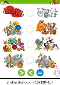 Cartoon Illustration of Educational Mathematical Puzzle Game of Greater Than, Less Than or Equal to for Children with Animal Characters