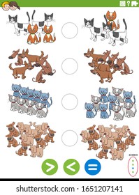 Cartoon Illustration of Educational Mathematical Puzzle Task of Greater Than, Less Than or Equal to for Children with Pets Animal Characters Worksheet Page