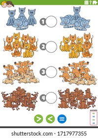 Cartoon Illustration of Educational Mathematical Puzzle Task of Greater Than, Less Than or Equal to for Children with Dogs and Cats Animal Characters Worksheet Page