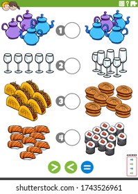 Cartoon Illustration of Educational Mathematical Puzzle Task of Greater Than, Less Than or Equal to for Children with Food Objests