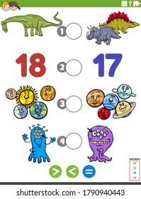 Cartoon Illustration of Educational Mathematical Puzzle Game of Greater Than, Less Than or Equal to for Children with Comic Characters Worksheet Page