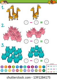 Cartoon Illustration of Educational Mathematical Subtraction Puzzle Task for Children with Animal Characters