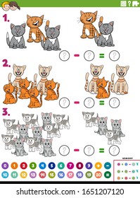 Cartoon Illustration of Educational Mathematical Subtraction Puzzle Game for Children with Cats and Kittens Animal Characters