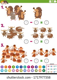 Cartoon Illustration Of Educational Mathematical Subtraction Puzzle Game For Children With Wild Animal Characters