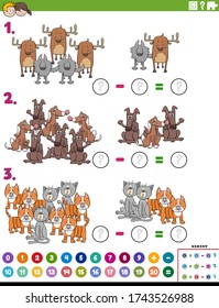 Cartoon Illustration Of Educational Mathematical Subtraction Puzzle Game For Children With Comic Animal Characters