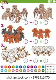 Cartoon illustration of educational mathematical subtraction puzzle task for children with purebred dogs animals characters