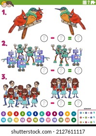 Cartoon Illustration Of Educational Mathematical Subtraction Puzzle Game With Comic Characters