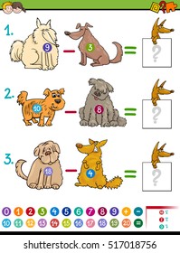 Cartoon Illustration of Educational Mathematical Subtraction Game for Children with Dog Characters